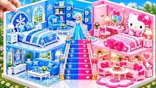 🎀❄️ Build Pink Hello Kitty & Blue Frozen House with Royal Bedroom and Pool ❤️ DIY Miniature House