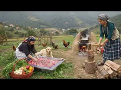 Iranian rural life; cooking minced meat with vegetables and apple jam