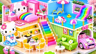 🌈💎 Build Aesthetic 5 Color Hello Kitty House with Rainbow Stair & Rooftop Pool use Clay ❤️ DIY House