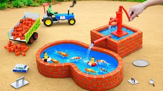 DIY Mini Tractor Builds Brick Koi Fish Pond with Hand Water Supply Fun Construction Science Project