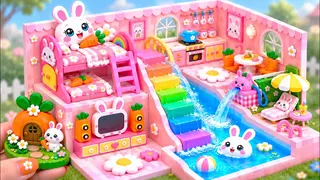Build the Ultimate Pink Crystal Bunny House🐰🌈Amazing Waterfall Pool & Rainbow Stairs | DIY Cardboard