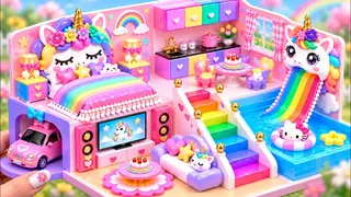 🦄 Built a Tiny Unicorn Dream House with Rainbow Bunk Bed & Secret Car Garage | DIY Cardboard