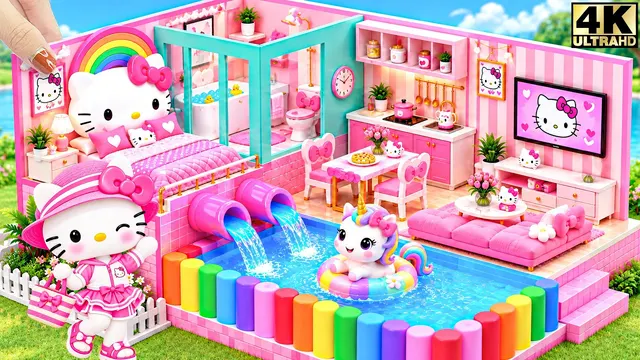 🦄🌈 Build Magical Hello Kitty House with Rainbow Waterfall & Unicorn Swimming Pool | DIY Mini House