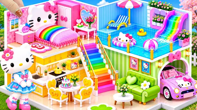 🌈💎 Build Aesthetic 5 Color Hello Kitty House with Rainbow Stair & Rooftop Pool use Clay ❤️ DIY House