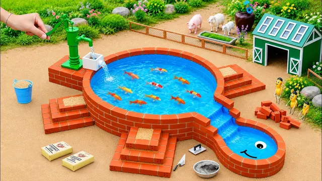 DIY Mini Tractor Builds Turtle-Shaped Brick Fish Pond with Hand Water Supply | Science Project