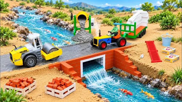 DIY Mini Tractor Builds Brick Bridge with Large Drainage Culvert | Fun Construction Science Project