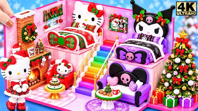 🎀🎄Build Ultimate Hello Kitty Christmas House with Rainbow Stairs & Firepalce for Kuromi 💜 DIY House