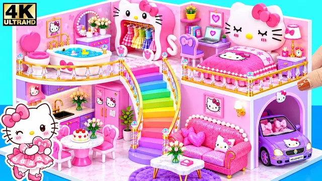 ❤️ Build Pink Hello Kitty House with Rainbow Stairs, Mini Pool & Car Garage ❤️ DIY Miniature House