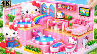 🎀❤️ Build Cutest Pink Hello Kitty House with Double Pools & Giant Rainbow Bedroom 🎀 DIY Mini House