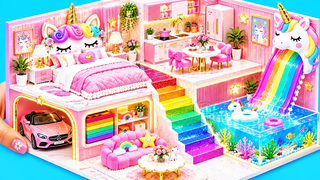 Build Pink Crystal Unicorn House with Waterfall Pool & Giant Fish Tank DIY Miniature House
