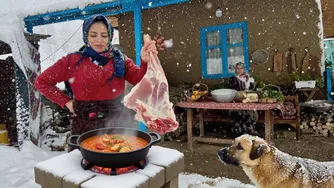 Snowy Day in IRANI Village | Cooking Stuffed Bread with Lamb in a Mountain