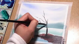 نقاشی منظره دریاچه پاییزی با آبرنگ