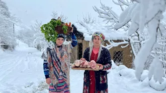 روز برفی در کوهستان: پخت خورشت گوشت بره و گردن و بریدن چوب