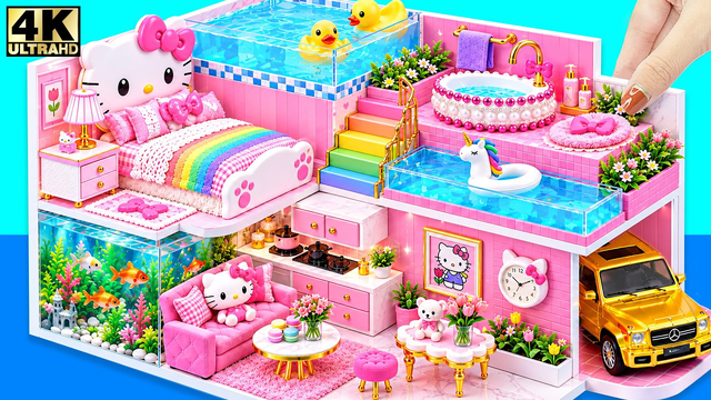 Build Hello Kitty Pink Mansion with Rainbow Water Park & Luxury Bedroom use Clay💗DIY Miniature House