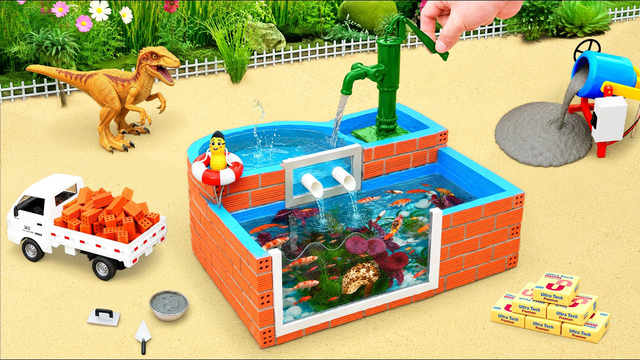 DIY Mini Tractor Rebuilds Koi Fish Pond After Dinosaur Attack | Fun Construction Science Project