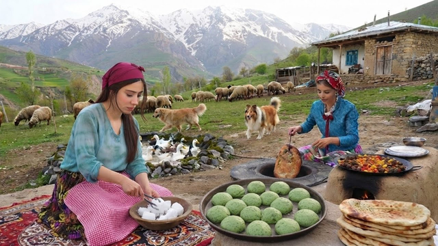 Rural life in mountain|Baking herb bread with minced meat and vegetables