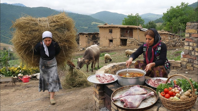 Daily village life in Iran | Cooking lamb legs with vegetables