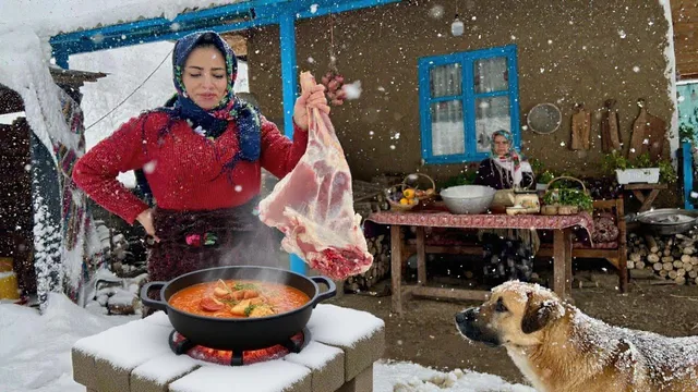 Snowy Day in IRANI Village | Cooking Stuffed Bread with Lamb in a Mountain