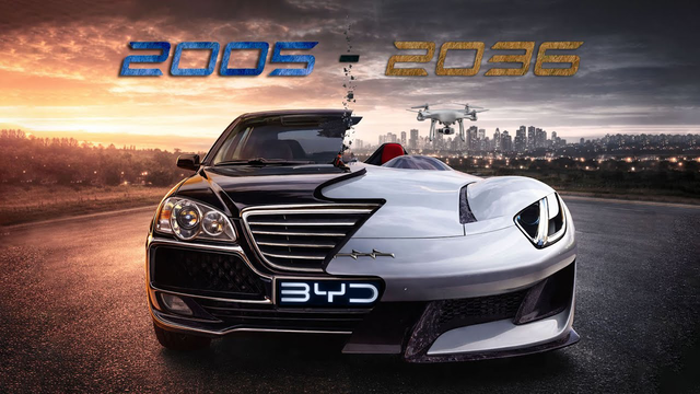 سیر تحول BYD — تکامل خودروها از ۲۰۰۵ تا ۲۰۳۶ با جلوه‌ای سینمایی و واقع‌گرایانه