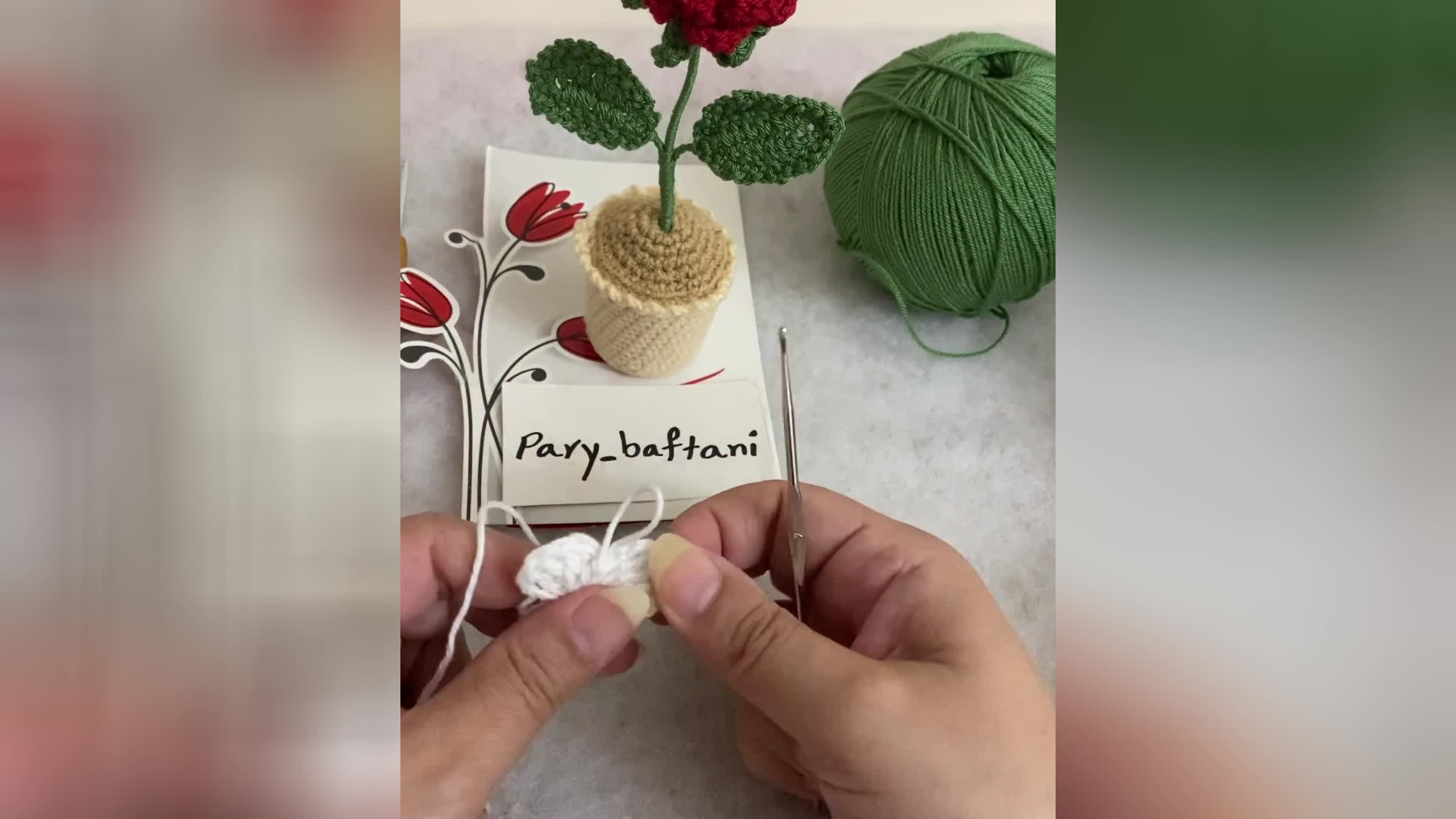 آموزش بافت گل رز با گلدان