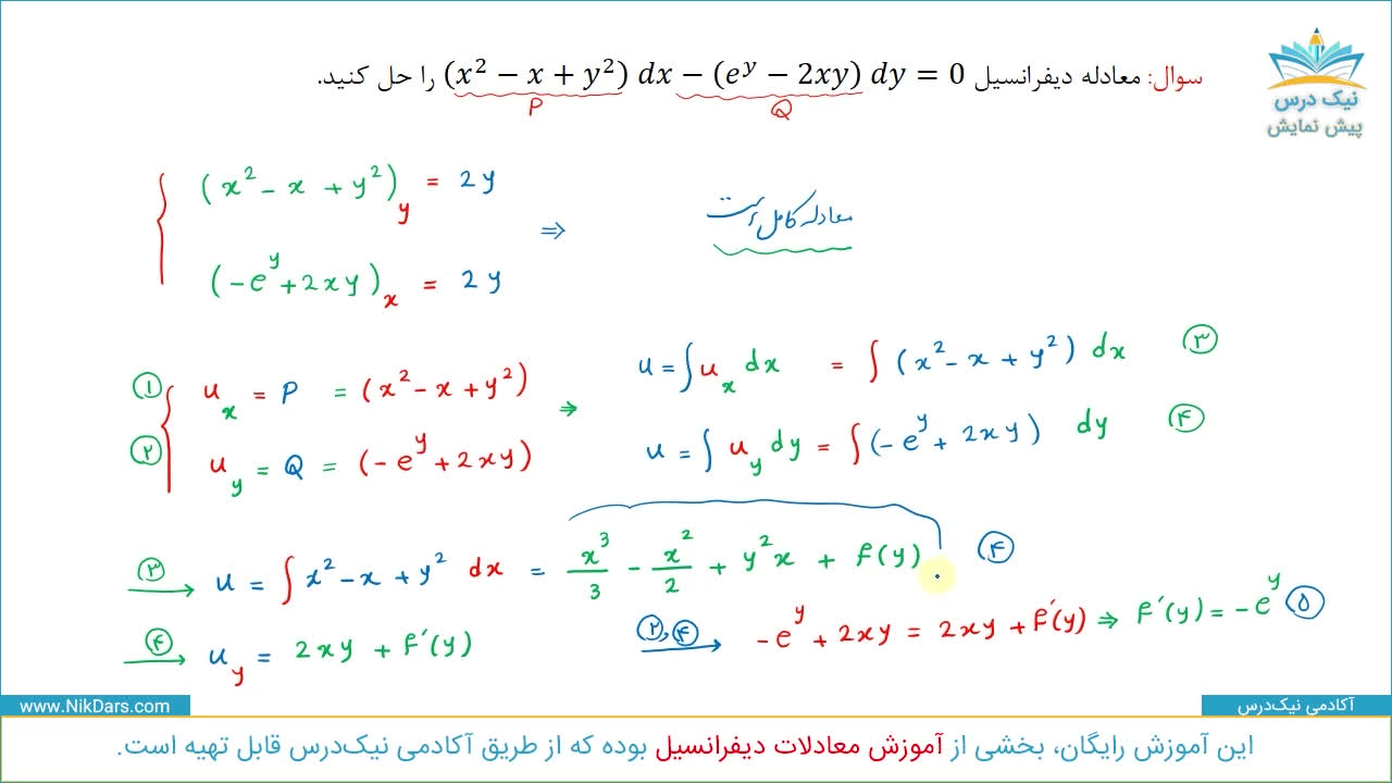 معادلات دیفرانسیل کامل و عامل انتگرال‌ساز، آموزش معادلات دیفرانسیل کامل و عامل ا